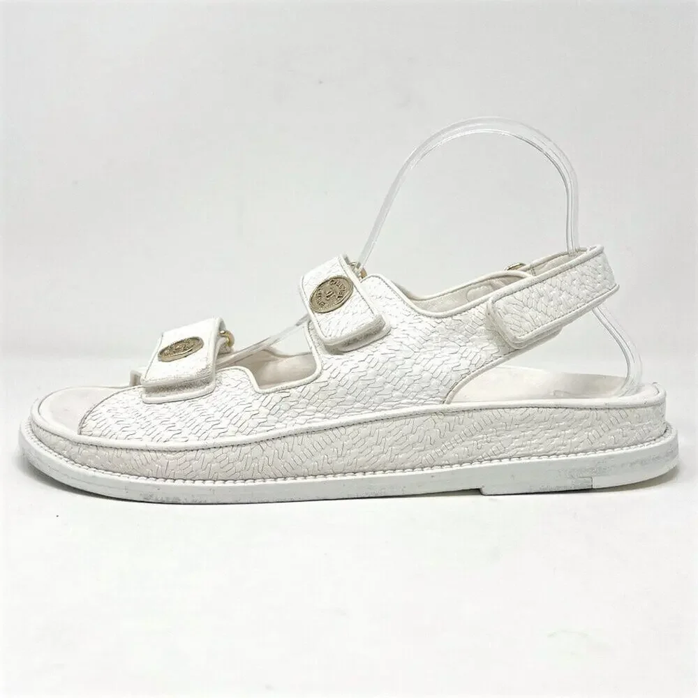Chanel White Textured Leather Dad‎ Flat Sandals 39.5